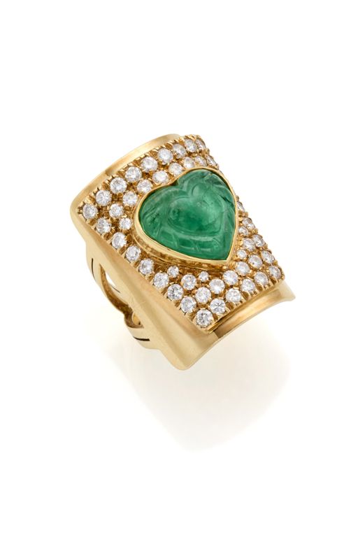 18k Yellow Gold Emerald and Diamond Ring