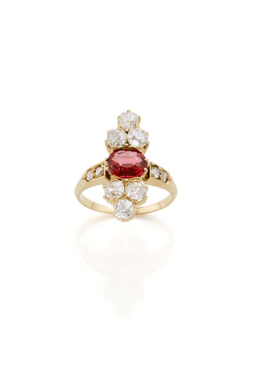 18k Yellow Gold Red Spinel and Diamond Ring