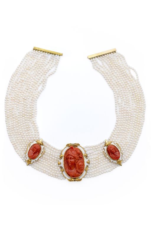 18k Yellow Gold Pearl and Coral Cameo Necklace