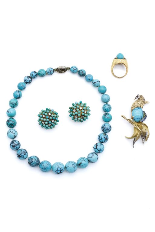 Gold and Silver Turquoise and Diamond Jewelry Set