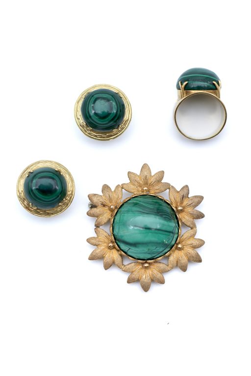 18k Yellow Gold Malachite and Enamel Jewelry Set