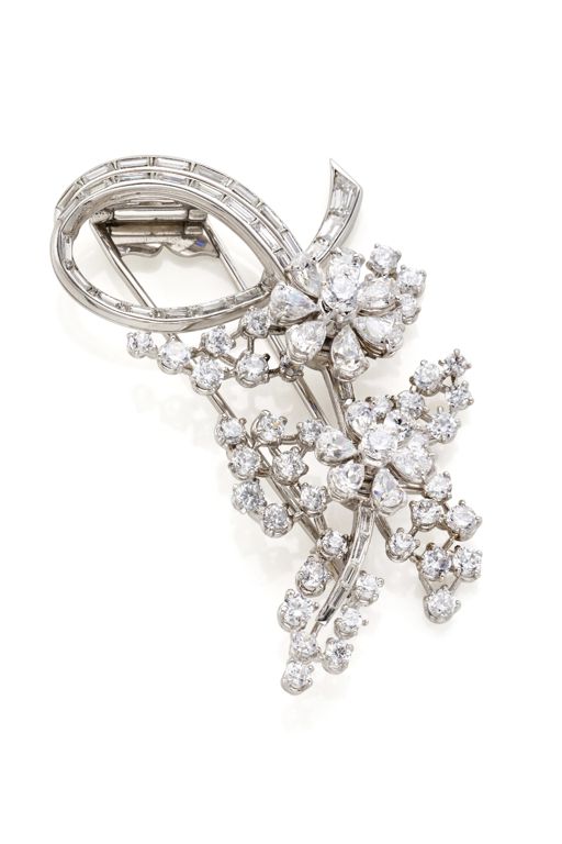 Platinum Diamond and Cubic Zirconia Floral Brooch