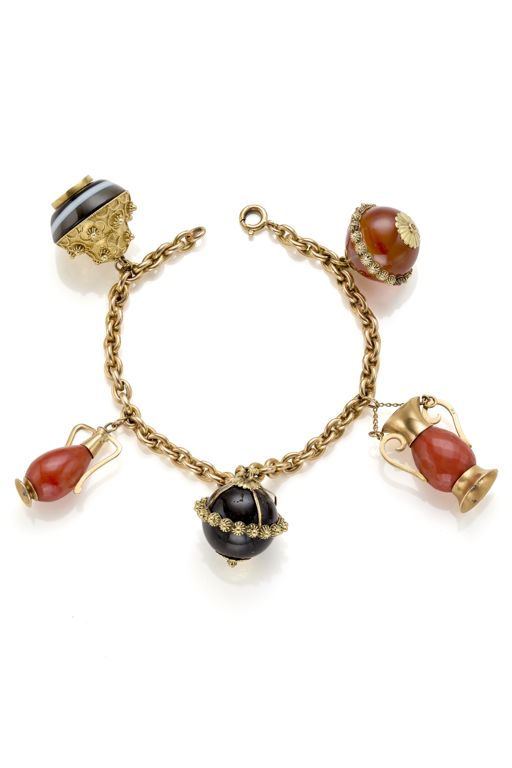 Gold Coral, Quartz and Hardstone Charm Bracelet
