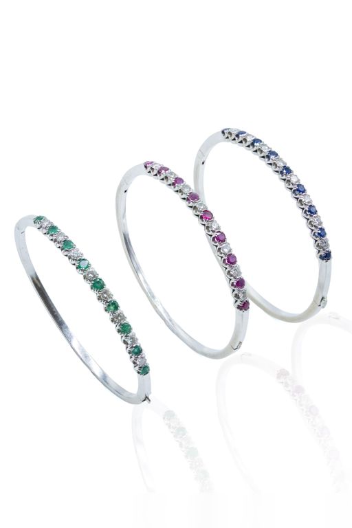 Three 18k White Gold Multi-Gem Bangle Bracelets