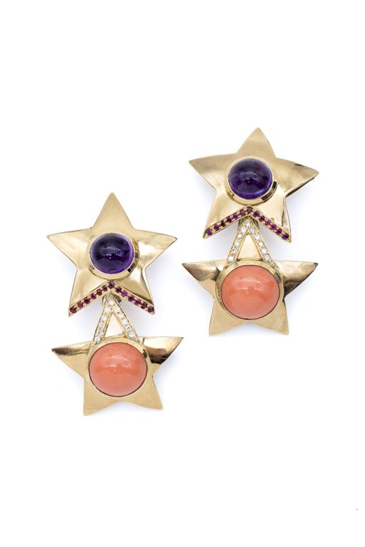 18k Yellow Gold Multi-Gem Pendant Earrings