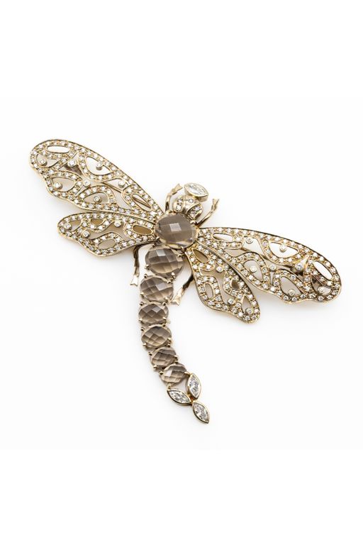 18k Gold Quartz and Diamond Dragonfly Brooch