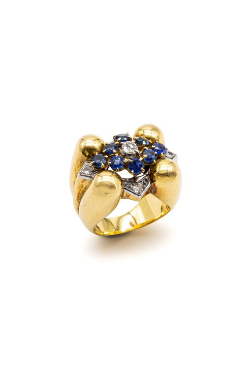 18k Gold and Platinum Sapphire and Diamond Ring