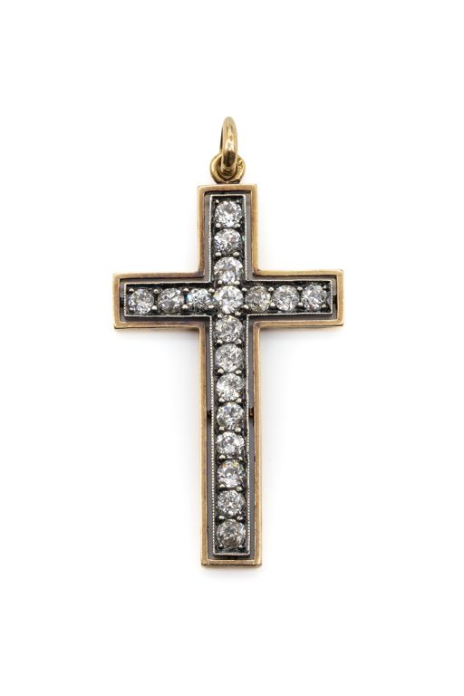 18k Yellow Gold and Silver Diamond Cross Pendant