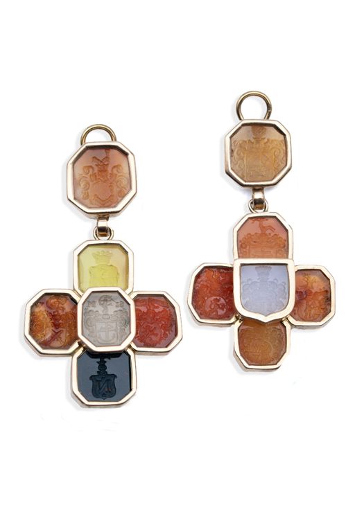 14k Yellow Gold Hardstone Cross Pendant Earrings