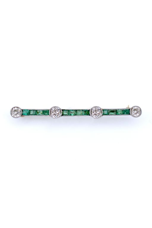 Gold and Platinum Emerald and Diamond Bar Brooch