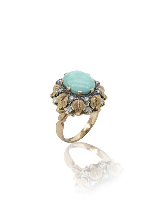 Yellow Gold and Silver Turquoise and Diamond Ring