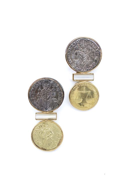 18k Yellow Gold, Silver and MOP Coin Earrings