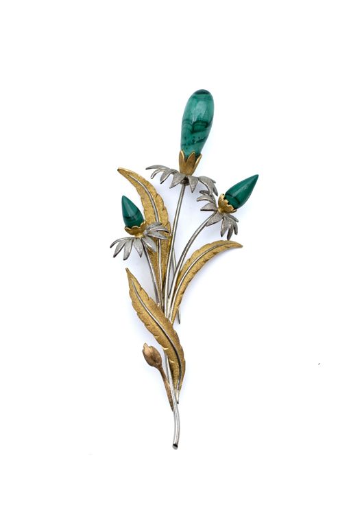 18k Tri-Color Gold Malachite Flower Brooch