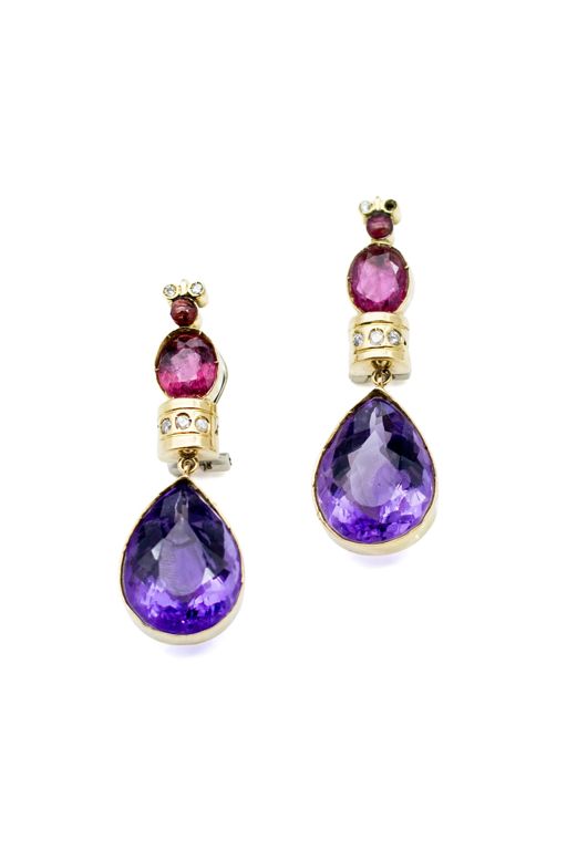 18k Gold Amethyst, Tourmaline and Diamond Earrings