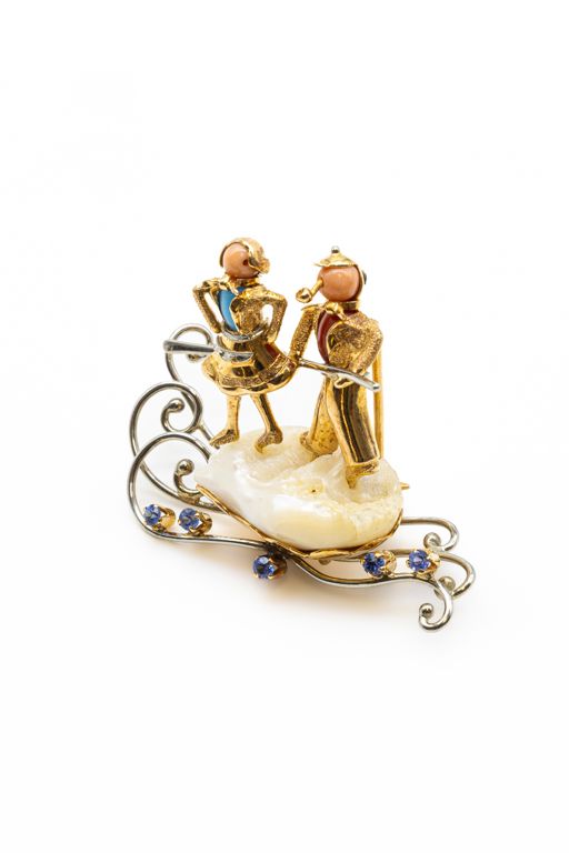 18k Two-Tone Gold Multi-Gem Gondolier Brooch