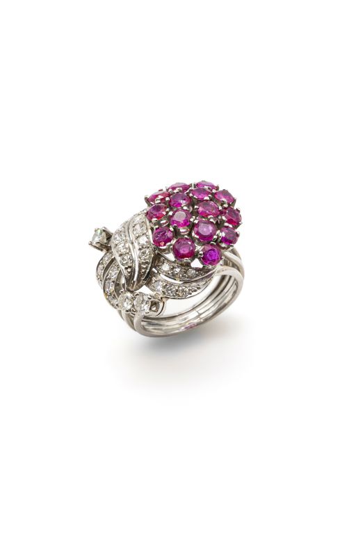18k White Gold Ruby and Diamond Knot Ring