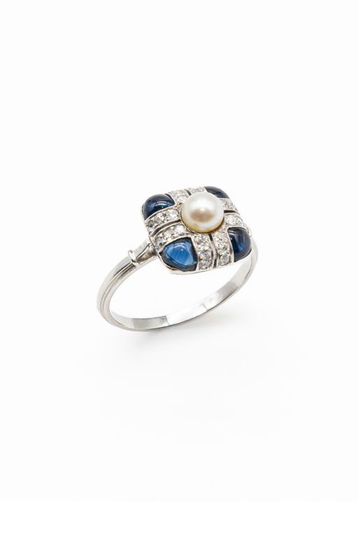 Platinum Pearl, Diamond and Sapphire Ring