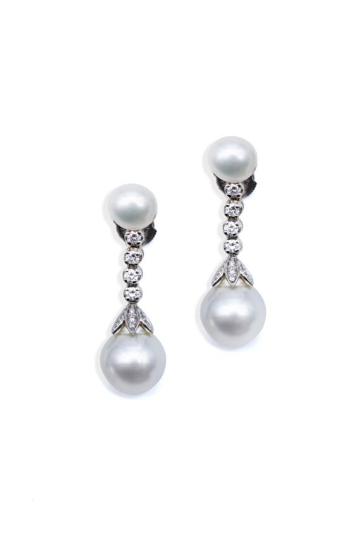 18k White Gold Pearl and Diamond Pendant Earrings