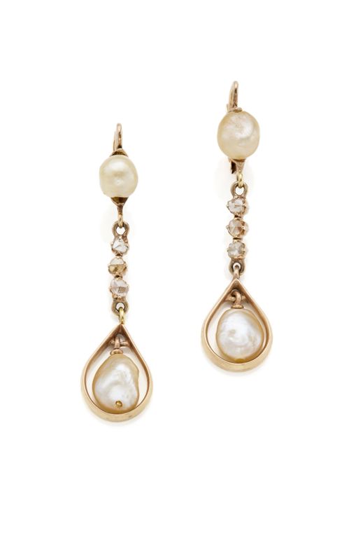 9k Yellow Gold Pearl and Diamond Pendant Earrings