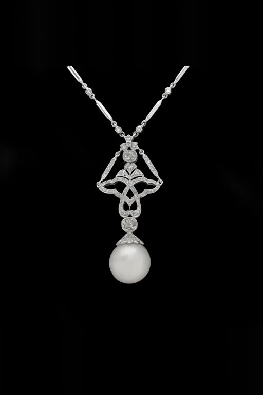 Platinum, Gold, Pearl and Diamond Pendant Necklace