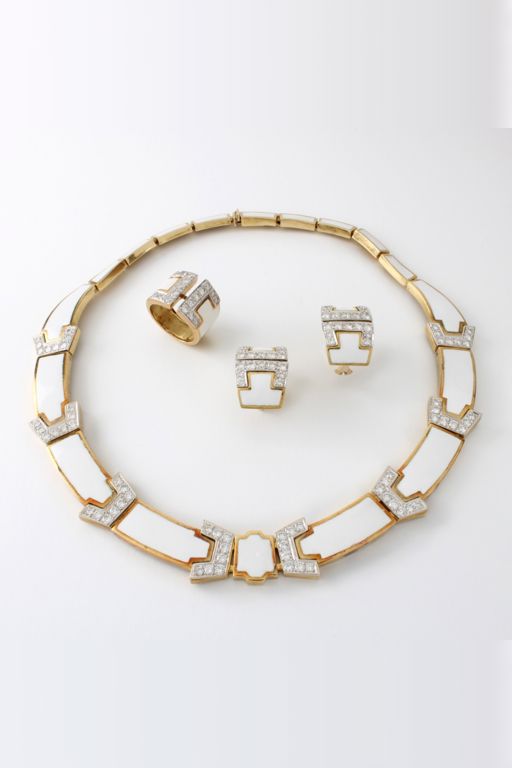 18k Two-Tone Gold Diamond and Enamel Jewelry Set