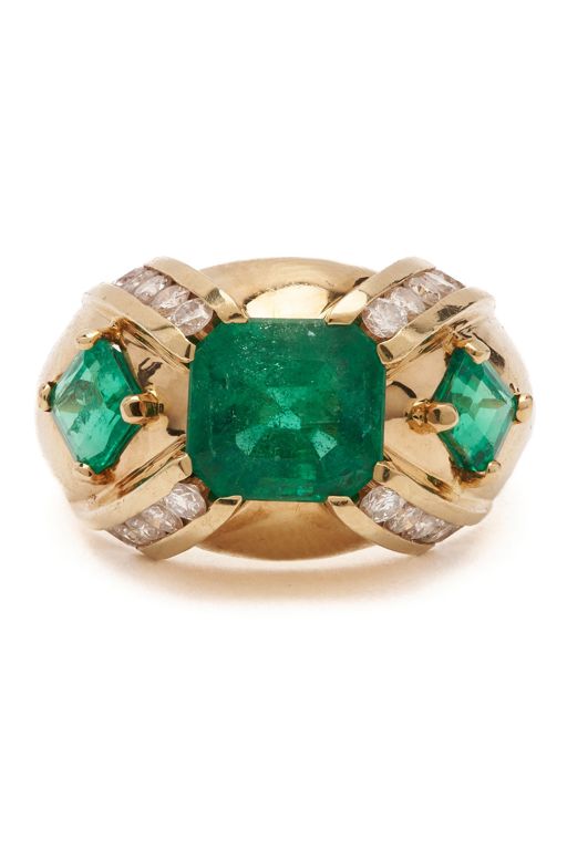 14k Yellow Gold Emerald and Diamond Dome Ring