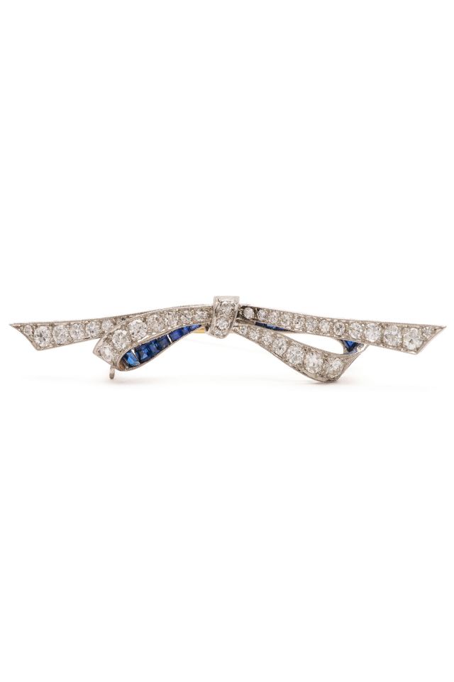 Platinum and Gold Diamond and Sapphire Bow Brooch