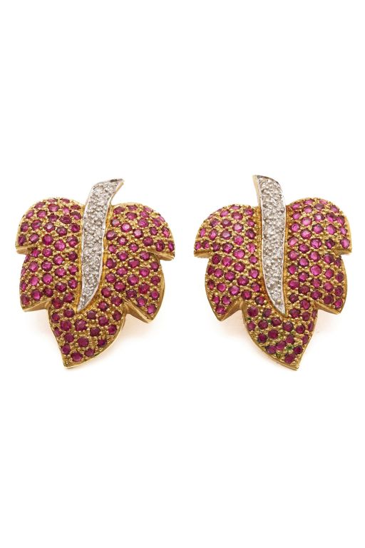 18k Gold Ruby and Diamond Grape Leaf Earrings
