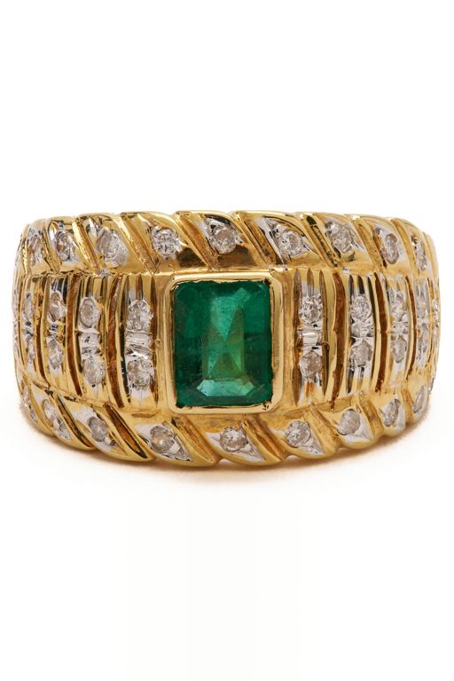 18k Yellow Gold Emerald and Diamond Dome Ring