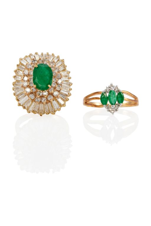 Two 14k Gold Emerald and Diamond Rings