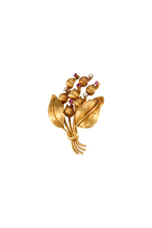 18k Gold Ruby and Diamond Brooch