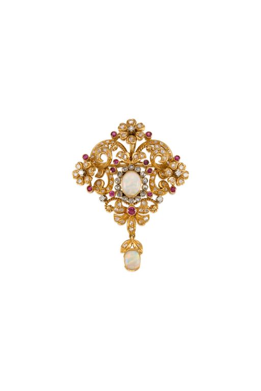 18k Gold Opal, Ruby and Diamond Pendant Brooch