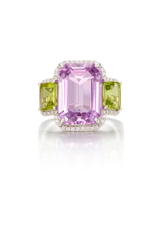 Platinum Kunzite, Peridot and Diamond Ring