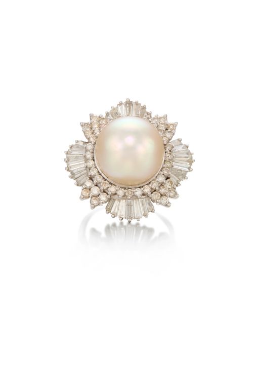 14k Gold Pearl and Diamond Ring