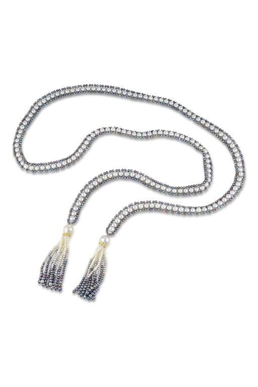 Silver Pearl and Diamond Sautoir Necklace