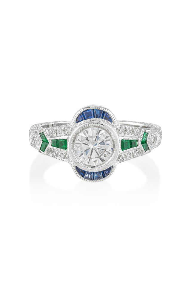 18k Gold Diamond, Sapphire and Emerald Ring