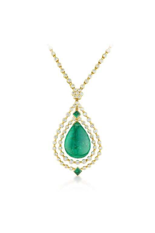 18k Gold Emerald and Diamond Pendant Necklace