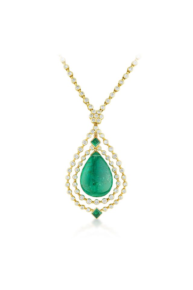 18k Gold Emerald and Diamond Pendant Necklace