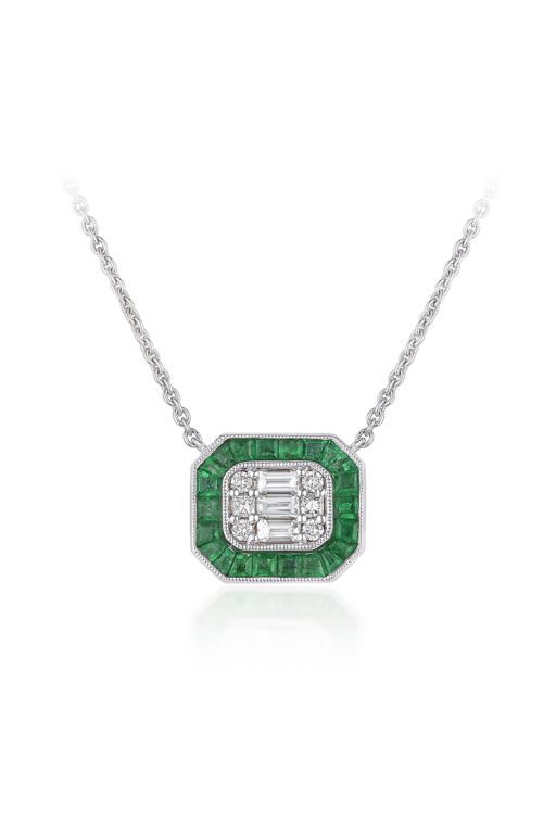 18k Gold Emerald and Diamond Pendant Necklace