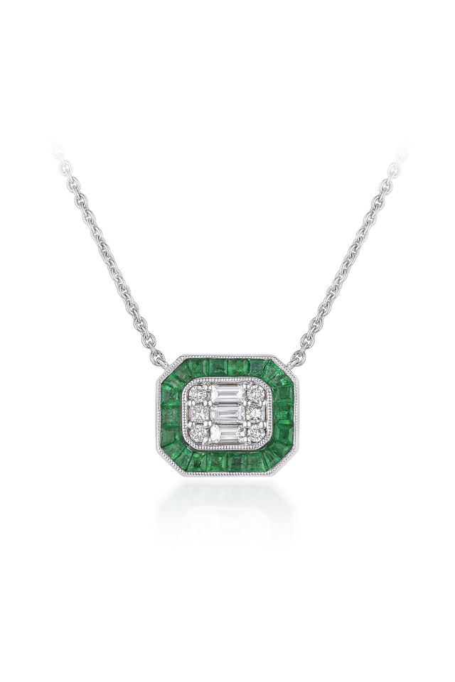 18k Gold Emerald and Diamond Pendant Necklace