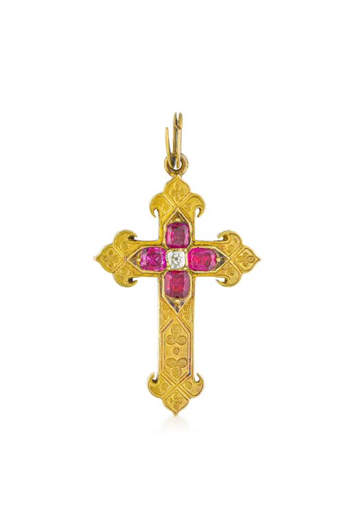 18k Gold Ruby and Diamond Cross Pendant