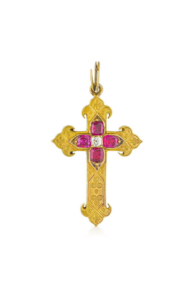 18k Gold Ruby and Diamond Cross Pendant