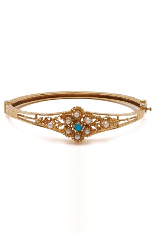 14k Yellow Gold Pearl and Turquoise Bracelet