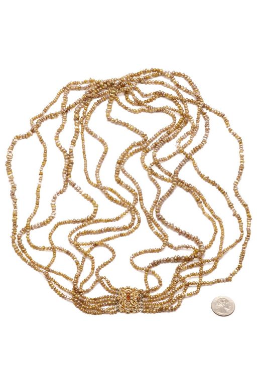 9k Yellow Gold Pearl and Orange Stone Necklace
