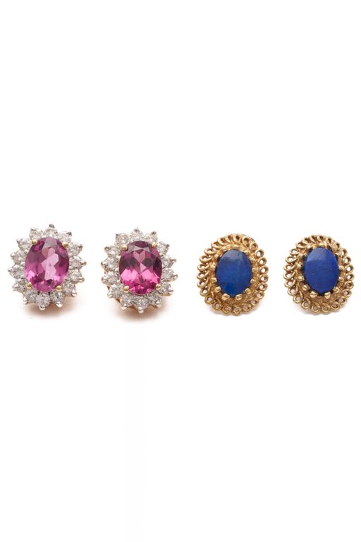 Two Pairs of 14k Yellow Gold Gemstone Earrings