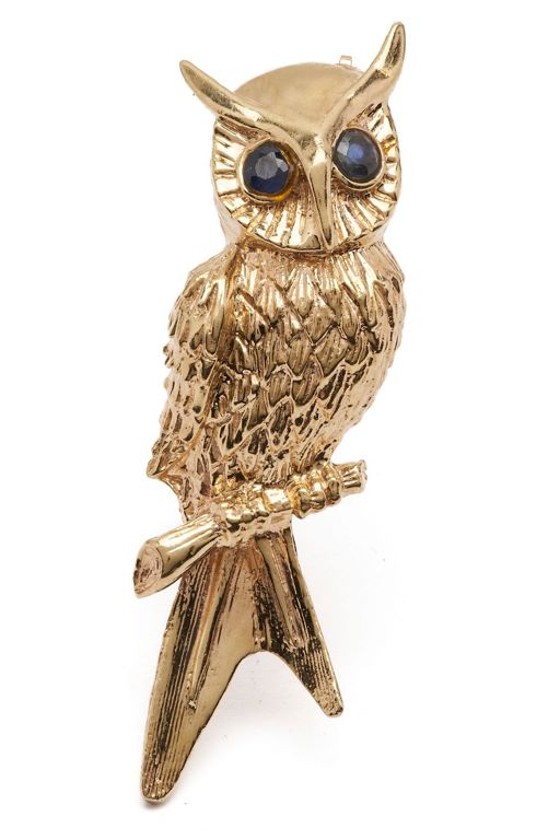 14k Yellow Gold Sapphire Owl Brooch