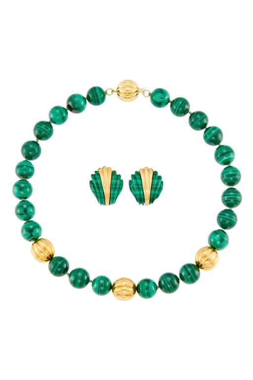18k Gold Malachite Necklace and Earrings