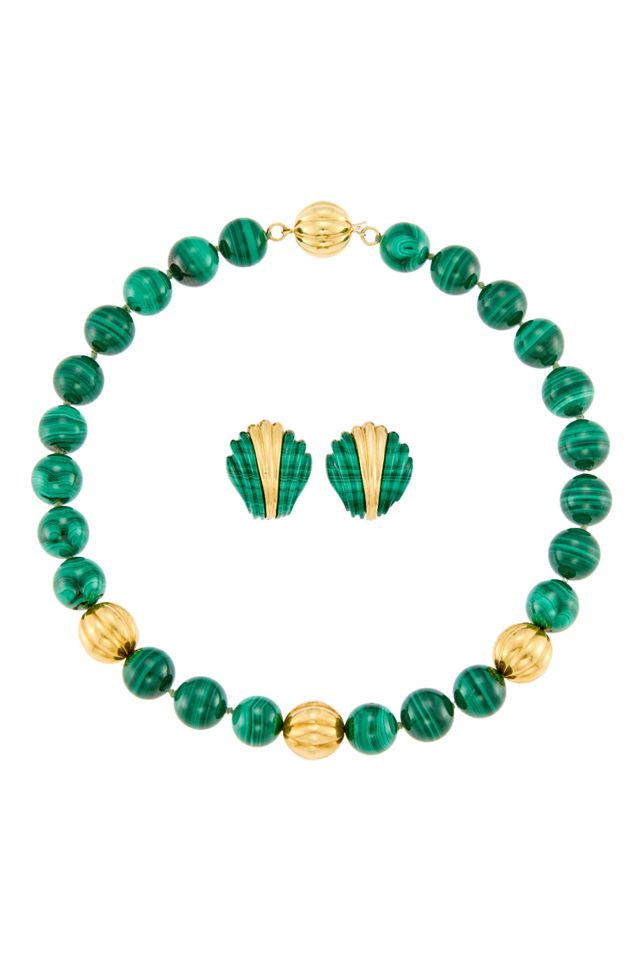 18k Gold Malachite Necklace and Earrings