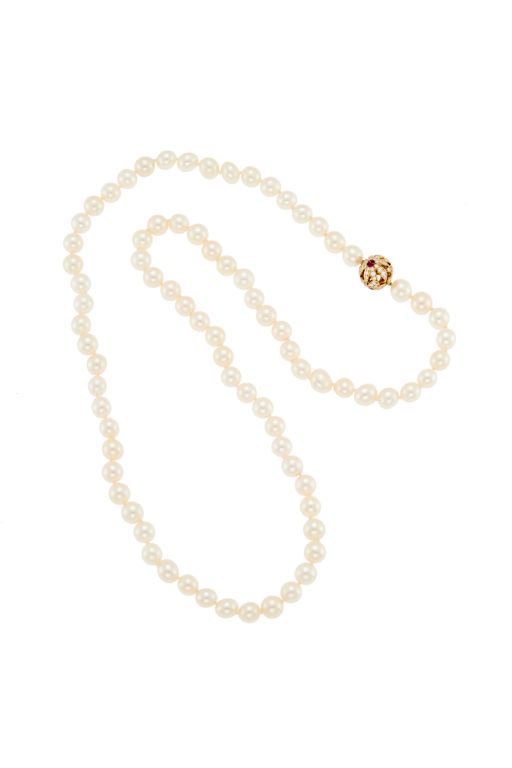 Gold Pearl, Ruby and Diamond Necklace