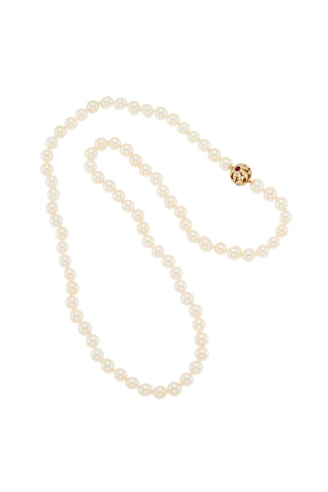 Gold Pearl, Ruby and Diamond Necklace